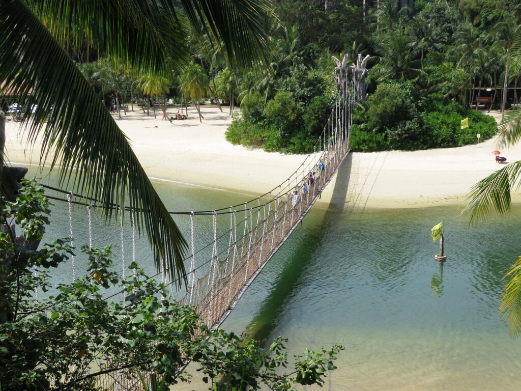 sentosa beach, singapore, rope bridge